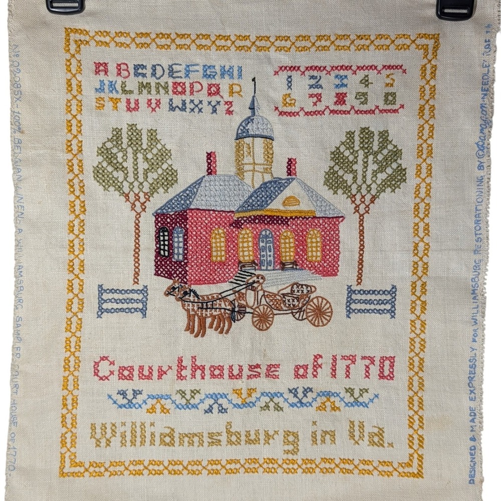 Vintage Paragon Sampler Williamsburg Courthouse Embroidered Needlecraft Linen